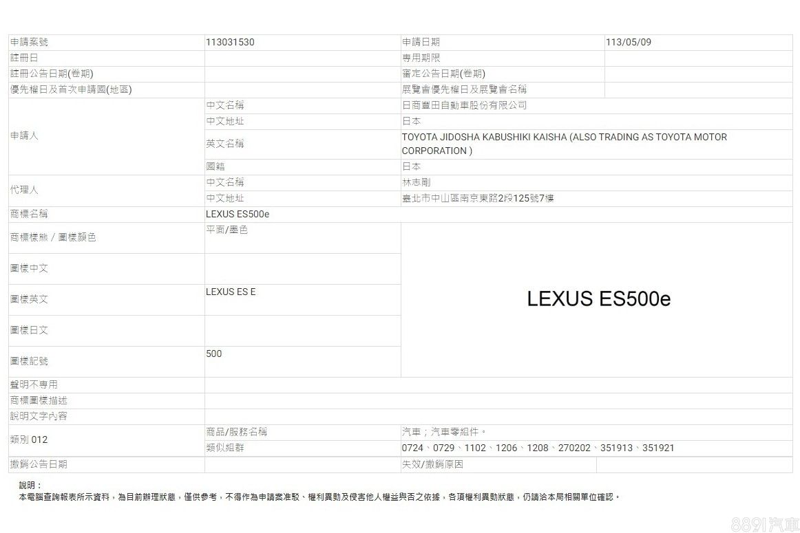 丰田在台注册新商标 为大改款Lexus ES做準备？
